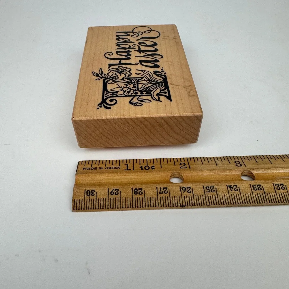 Vtg 1994 PSX Happy Easter Rubber Stamp Cursive Craft Floral Calligraphy USA Made